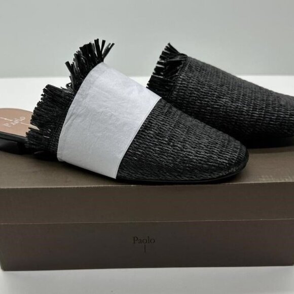 LINEA PAOLO Andine Black Woven Raffia Fringe Mules Slip On Slides Sandals sz 12 - Picture 4 of 8